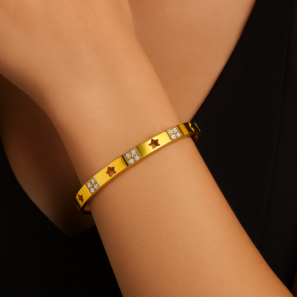 Gold-Plated Star and Crystal Bangle Bracelet