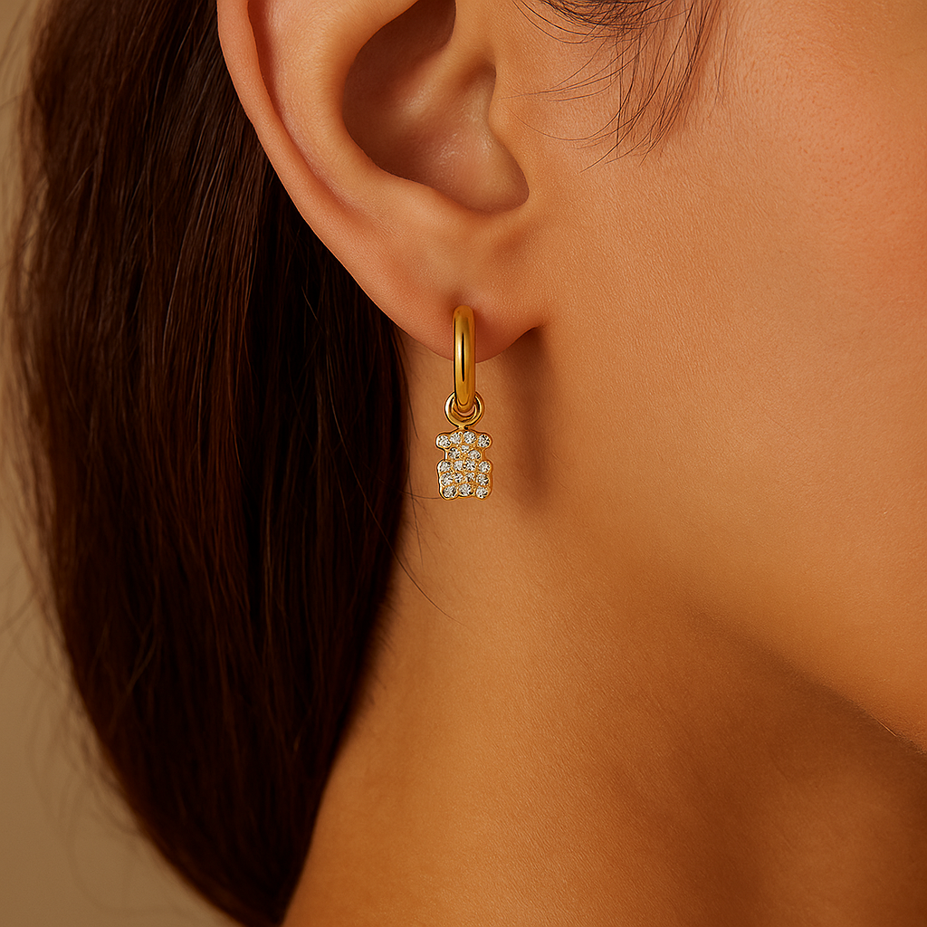 Crystal Teddy Bear Charm Hoop Earrings