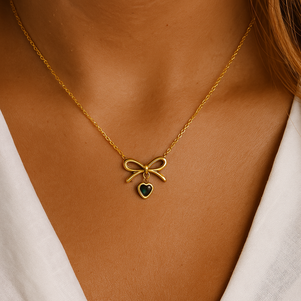 Bow and Heart Pendant Necklace with Green Accent