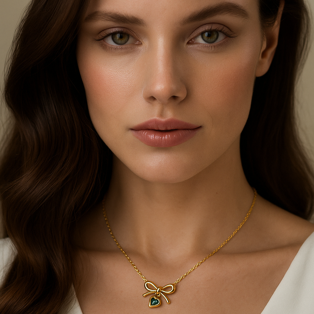 Bow and Heart Pendant Necklace with Green Accent