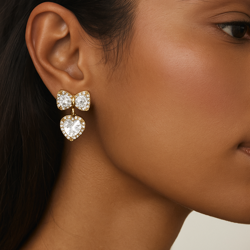 Crystal Bow and Heart Drop Earrings