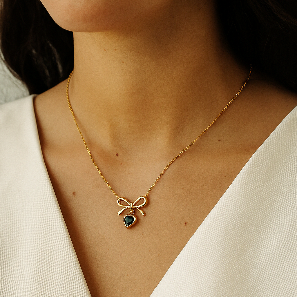 Bow and Heart Pendant Necklace with Green Accent