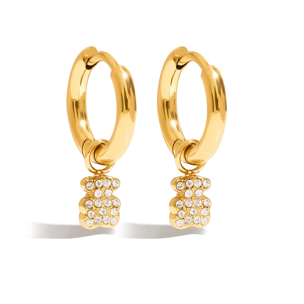 Crystal Teddy Bear Charm Hoop Earrings