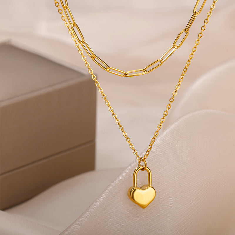 Layered Heart Lock Necklace