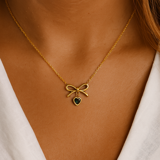Bow and Heart Pendant Necklace with Green Accent