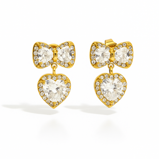 Crystal Bow and Heart Drop Earrings
